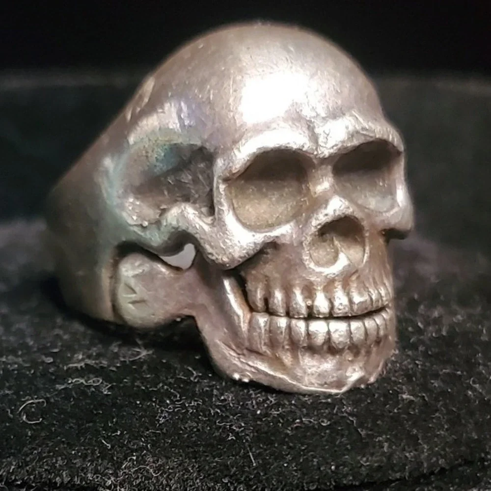Vintage Silver Skull Ring with Moving Jaw and Turquoise Skull Bead Set Size 9